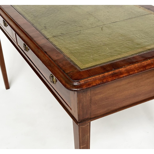 131 - WRITING TABLE, 19th century mahogany and satinwood inlaid with gilt tooled leather writing surface a... 