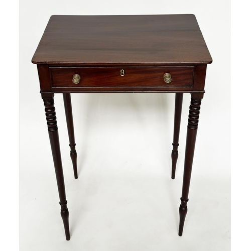 133 - SIDE TABLE, Regency mahogany with frieze drawer and ring turned slender tapering supports, 51cm W  x... 