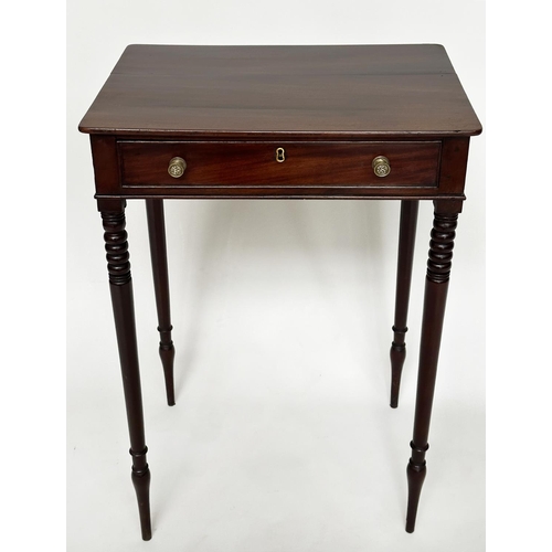 133 - SIDE TABLE, Regency mahogany with frieze drawer and ring turned slender tapering supports, 51cm W  x... 