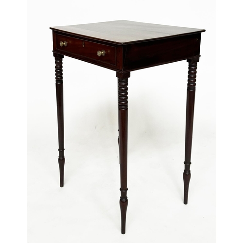 133 - SIDE TABLE, Regency mahogany with frieze drawer and ring turned slender tapering supports, 51cm W  x... 