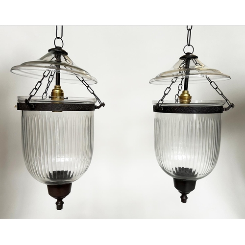 134 - BELL JAR HALL LANTERNS, a pair, with reeded glass jars and bronze style mounts, 20cm D x 64cm H incl... 