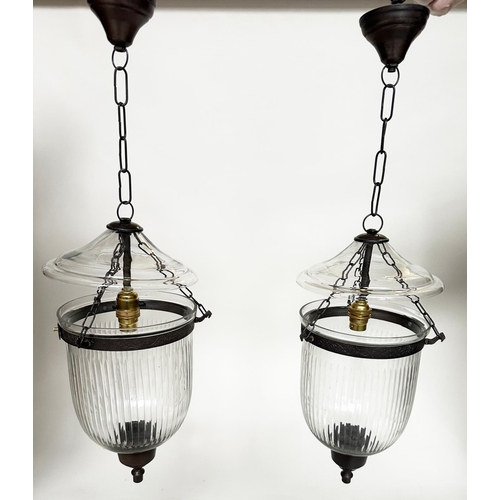 134 - BELL JAR HALL LANTERNS, a pair, with reeded glass jars and bronze style mounts, 20cm D x 64cm H incl... 