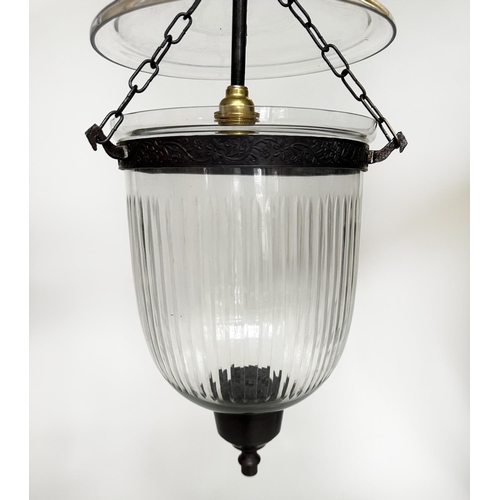 134 - BELL JAR HALL LANTERNS, a pair, with reeded glass jars and bronze style mounts, 20cm D x 64cm H incl... 