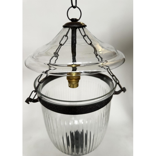 134 - BELL JAR HALL LANTERNS, a pair, with reeded glass jars and bronze style mounts, 20cm D x 64cm H incl... 