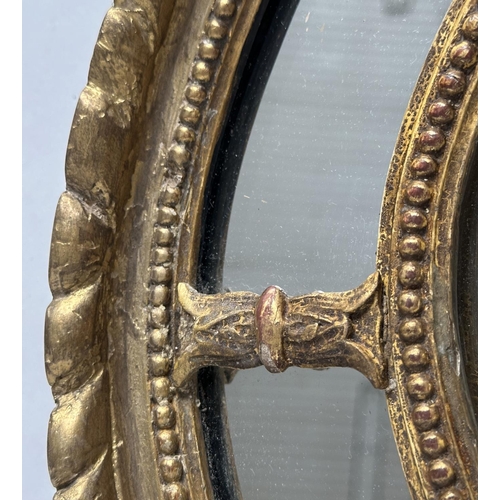 136 - WALL MIRROR, 19th century George III design oval giltwood and gesso with beaded frame and marginal p... 