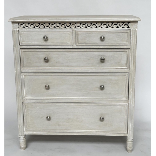 139 - COMMODE, French style traditionally grey painted with two short and three long drawers with pierced ... 