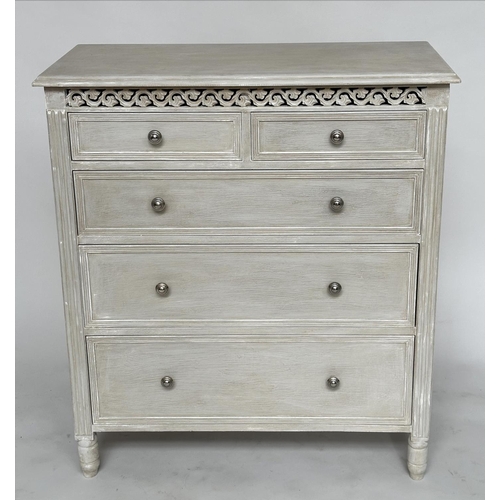 139 - COMMODE, French style traditionally grey painted with two short and three long drawers with pierced ... 