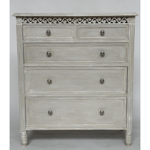 139 - COMMODE, French style traditionally grey painted with two short and three long drawers with pierced ... 