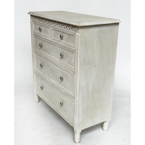 139 - COMMODE, French style traditionally grey painted with two short and three long drawers with pierced ... 