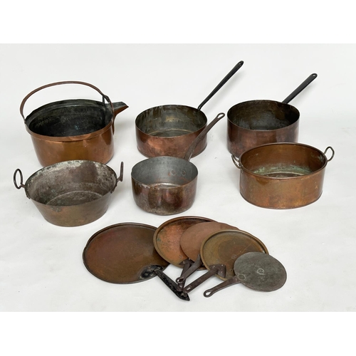 140 - 19TH CENTURY BATTERIE DE CUISINE, an assortment of pans with handles, a number of lids and a preserv... 