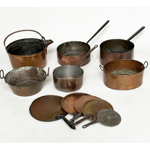 140 - 19TH CENTURY BATTERIE DE CUISINE, an assortment of pans with handles, a number of lids and a preserv... 