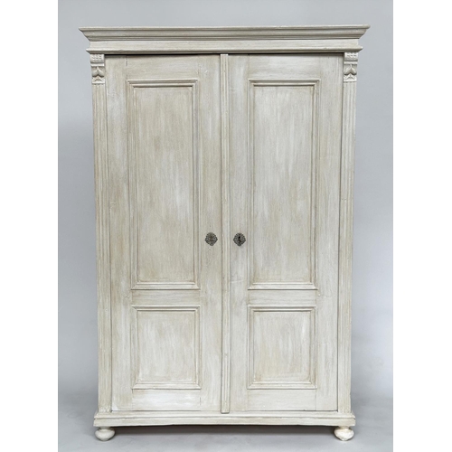 141 - ARMOIRE, 19th century French traditionally grey painted with two panelled doors enclosing hanging sp... 