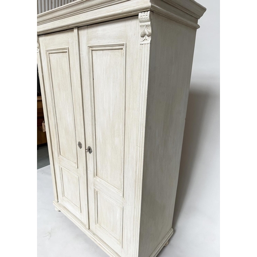 141 - ARMOIRE, 19th century French traditionally grey painted with two panelled doors enclosing hanging sp... 