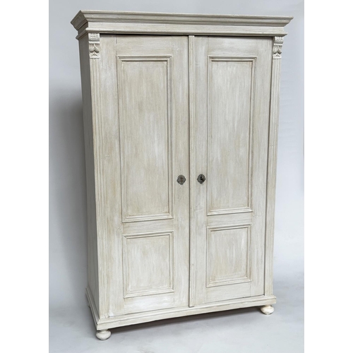 141 - ARMOIRE, 19th century French traditionally grey painted with two panelled doors enclosing hanging sp... 