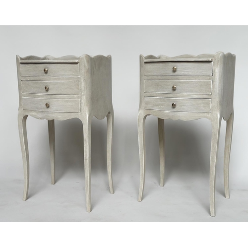 144 - BEDSIDE CHESTS, a pair, French Louis XV style grey painted, each serpentine fronted with three drawe... 