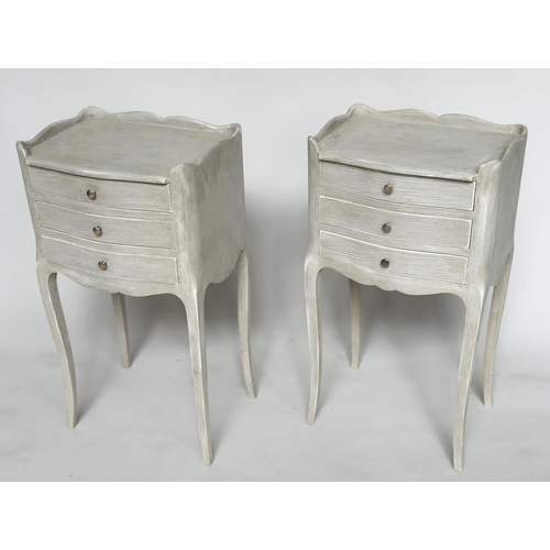 144 - BEDSIDE CHESTS, a pair, French Louis XV style grey painted, each serpentine fronted with three drawe... 