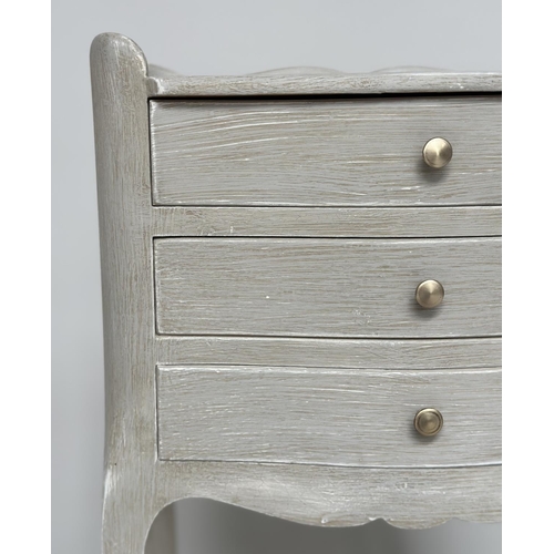 144 - BEDSIDE CHESTS, a pair, French Louis XV style grey painted, each serpentine fronted with three drawe... 