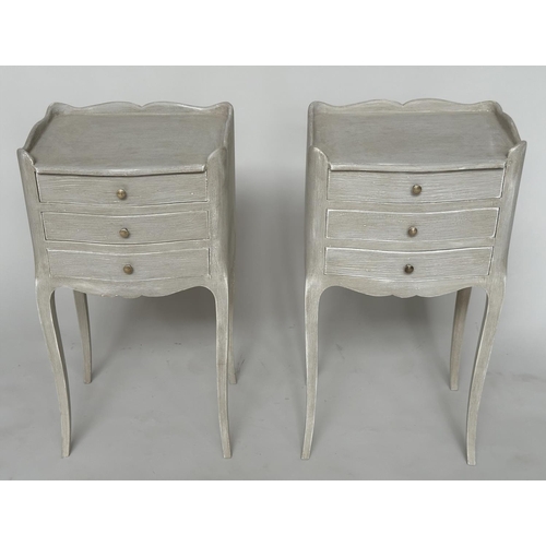 144 - BEDSIDE CHESTS, a pair, French Louis XV style grey painted, each serpentine fronted with three drawe... 