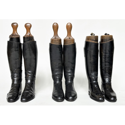 145 - RIDING BOOTS, three pairs, vintage black leather with trees, tallest 62cm H including trees. (6)