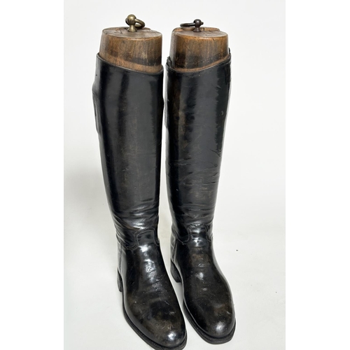 145 - RIDING BOOTS, three pairs, vintage black leather with trees, tallest 62cm H including trees. (6)