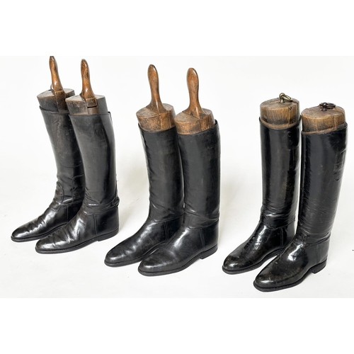 145 - RIDING BOOTS, three pairs, vintage black leather with trees, tallest 62cm H including trees. (6)