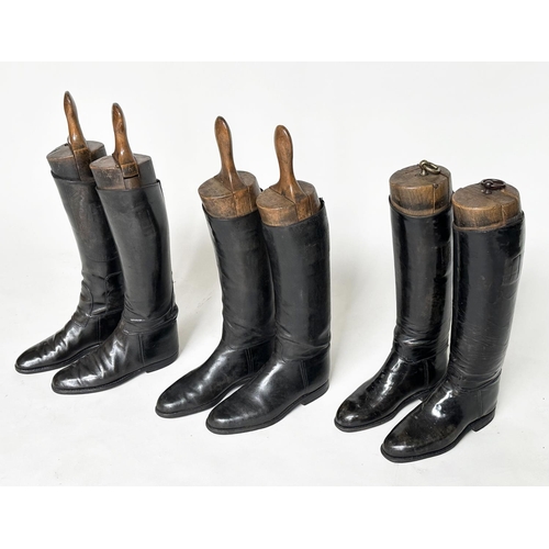 145 - RIDING BOOTS, three pairs, vintage black leather with trees, tallest 62cm H including trees. (6)