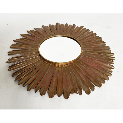 152 - WALL MIRROR, circular bevelled with radiating starburst gilt metal frame, 60cm W.