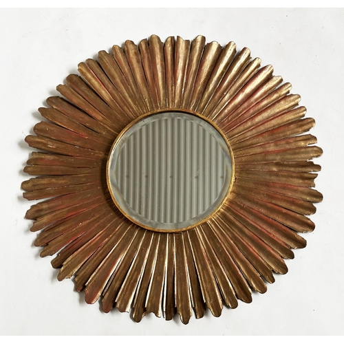 152 - WALL MIRROR, circular bevelled with radiating starburst gilt metal frame, 60cm W.