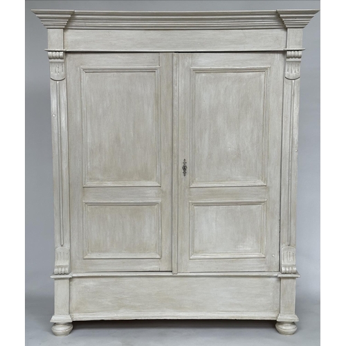 153 - ARMOIRE, 19th century French traditionally grey painted with two panelled doors, enclosing large han... 