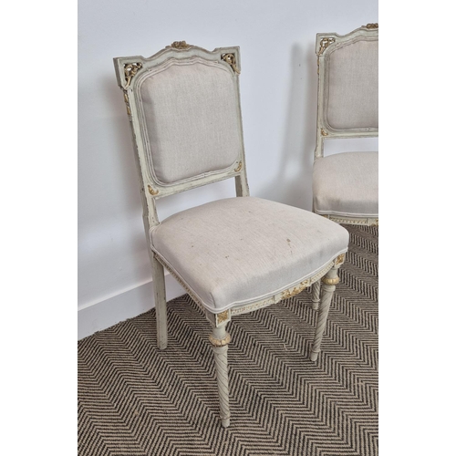 169 - SIDE CHAIRS, a pair, late 19th/early 20th century French painted and gilt heightened in taupe fabric... 