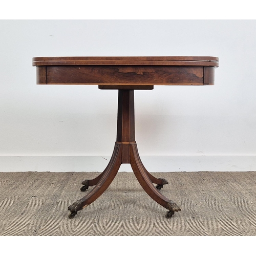 175 - TEA TABLE, Regency rosewood with satinwood crossbanded top on a quadruped base, 71cm H x 92cm W x 45... 