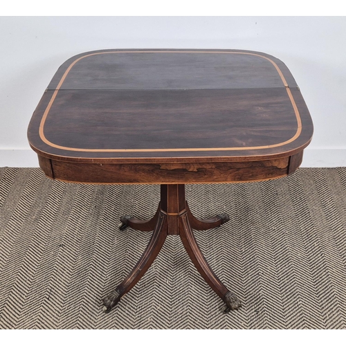 175 - TEA TABLE, Regency rosewood with satinwood crossbanded top on a quadruped base, 71cm H x 92cm W x 45... 