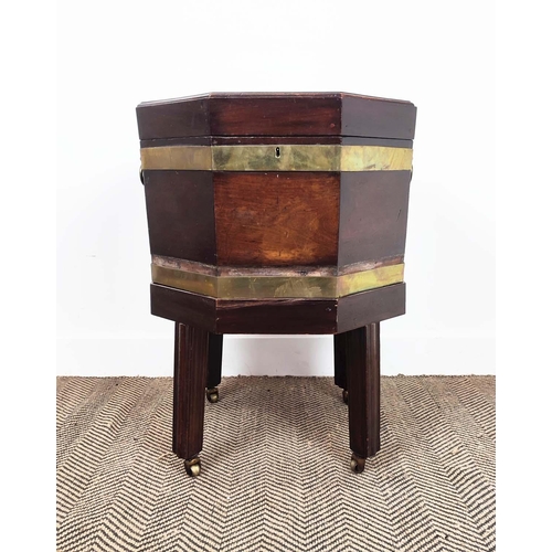 206 - WINE COOLER, George III mahogany, octagonal brass bound with rising lid and metal liner, 52cm x 74cm... 