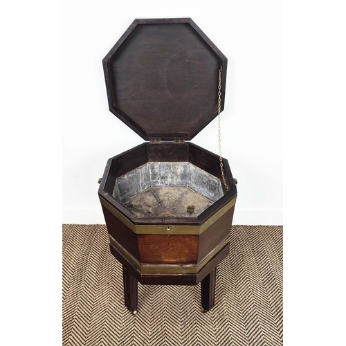 206 - WINE COOLER, George III mahogany, octagonal brass bound with rising lid and metal liner, 52cm x 74cm... 