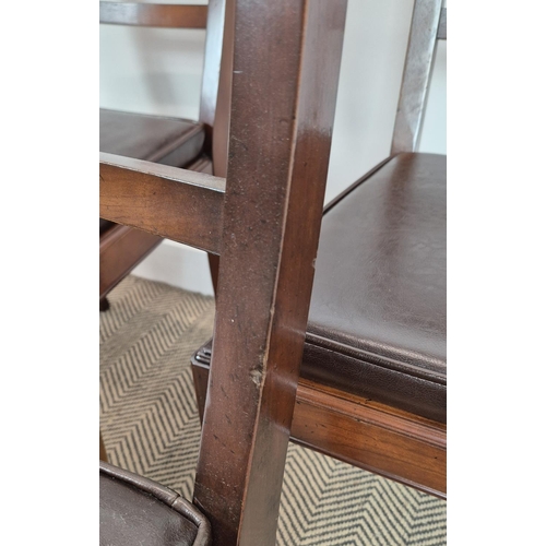 208 - DINING CHAIRS, with leather seat pads, reproduction mahogany, 45cm W x 55cm D x 95cm H. (6)