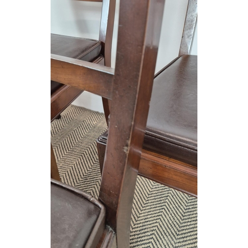 208 - DINING CHAIRS, with leather seat pads, reproduction mahogany, 45cm W x 55cm D x 95cm H. (6)