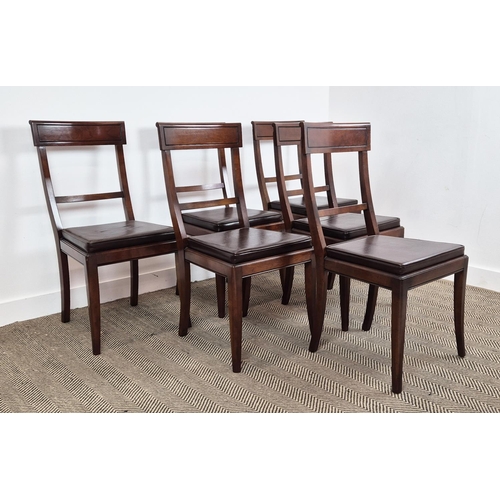 208 - DINING CHAIRS, with leather seat pads, reproduction mahogany, 45cm W x 55cm D x 95cm H. (6)