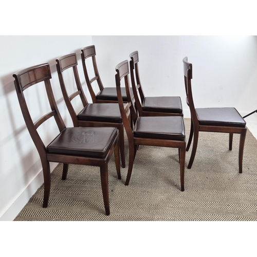 208 - DINING CHAIRS, with leather seat pads, reproduction mahogany, 45cm W x 55cm D x 95cm H. (6)