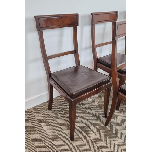 208 - DINING CHAIRS, with leather seat pads, reproduction mahogany, 45cm W x 55cm D x 95cm H. (6)