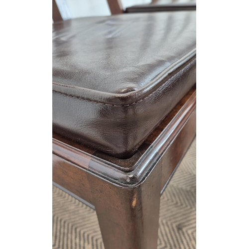 208 - DINING CHAIRS, with leather seat pads, reproduction mahogany, 45cm W x 55cm D x 95cm H. (6)