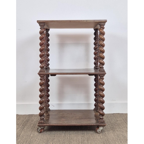 209 - ETAGERE, 19th century beechwood with barley twist supports and bobbin turned lattice sides on later ... 