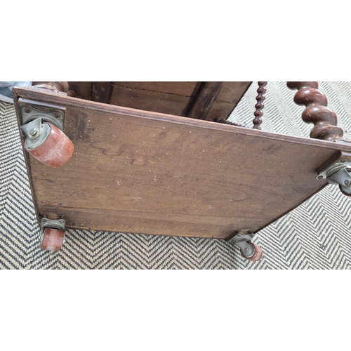 209 - ETAGERE, 19th century beechwood with barley twist supports and bobbin turned lattice sides on later ... 