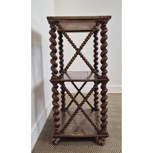 209 - ETAGERE, 19th century beechwood with barley twist supports and bobbin turned lattice sides on later ... 