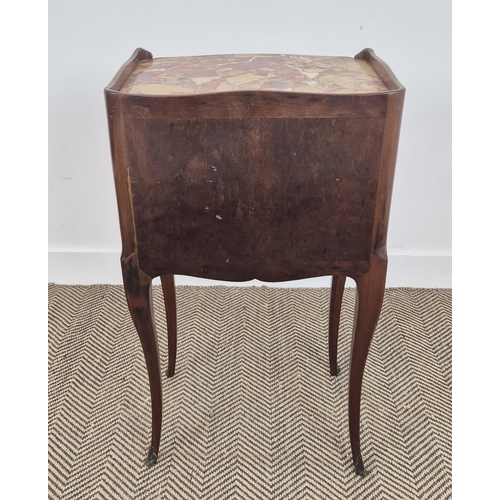 212 - BEDSIDE CABINET, early 20th century French with a marble top, slide, faux book spine doors and cabri... 