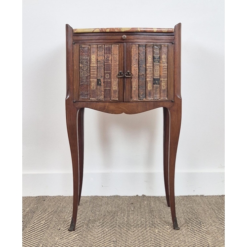 212 - BEDSIDE CABINET, early 20th century French with a marble top, slide, faux book spine doors and cabri... 