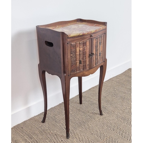 212 - BEDSIDE CABINET, early 20th century French with a marble top, slide, faux book spine doors and cabri... 