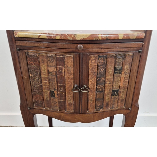 212 - BEDSIDE CABINET, early 20th century French with a marble top, slide, faux book spine doors and cabri... 