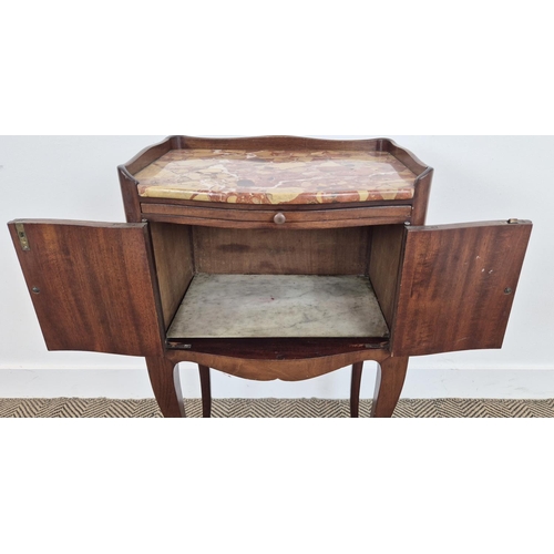 212 - BEDSIDE CABINET, early 20th century French with a marble top, slide, faux book spine doors and cabri... 