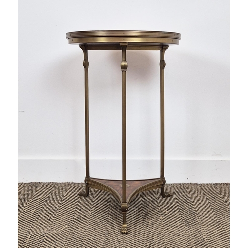 220 - SIDE TABLE, the circular top on brass support, with heraldic crest to undertier, 46cm W x 71cm H.