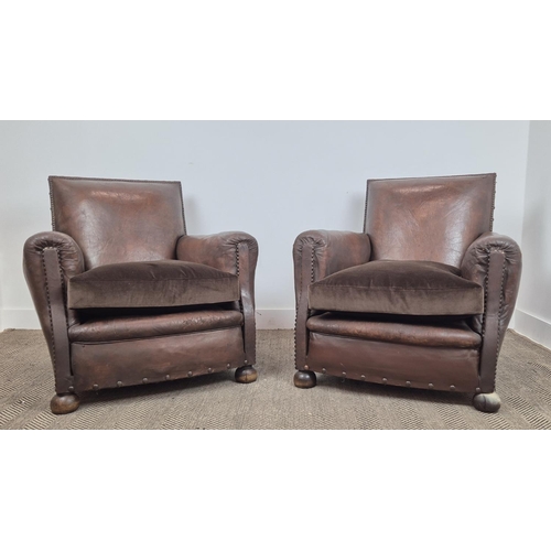 222 - CLUB ARMCHAIRS, a pair, brown leather with velvet seats, each 85cm x 84cm H. (2)